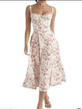 Floral Midi Sundress with Sweetheart Neckline - Cream with Pink Roses